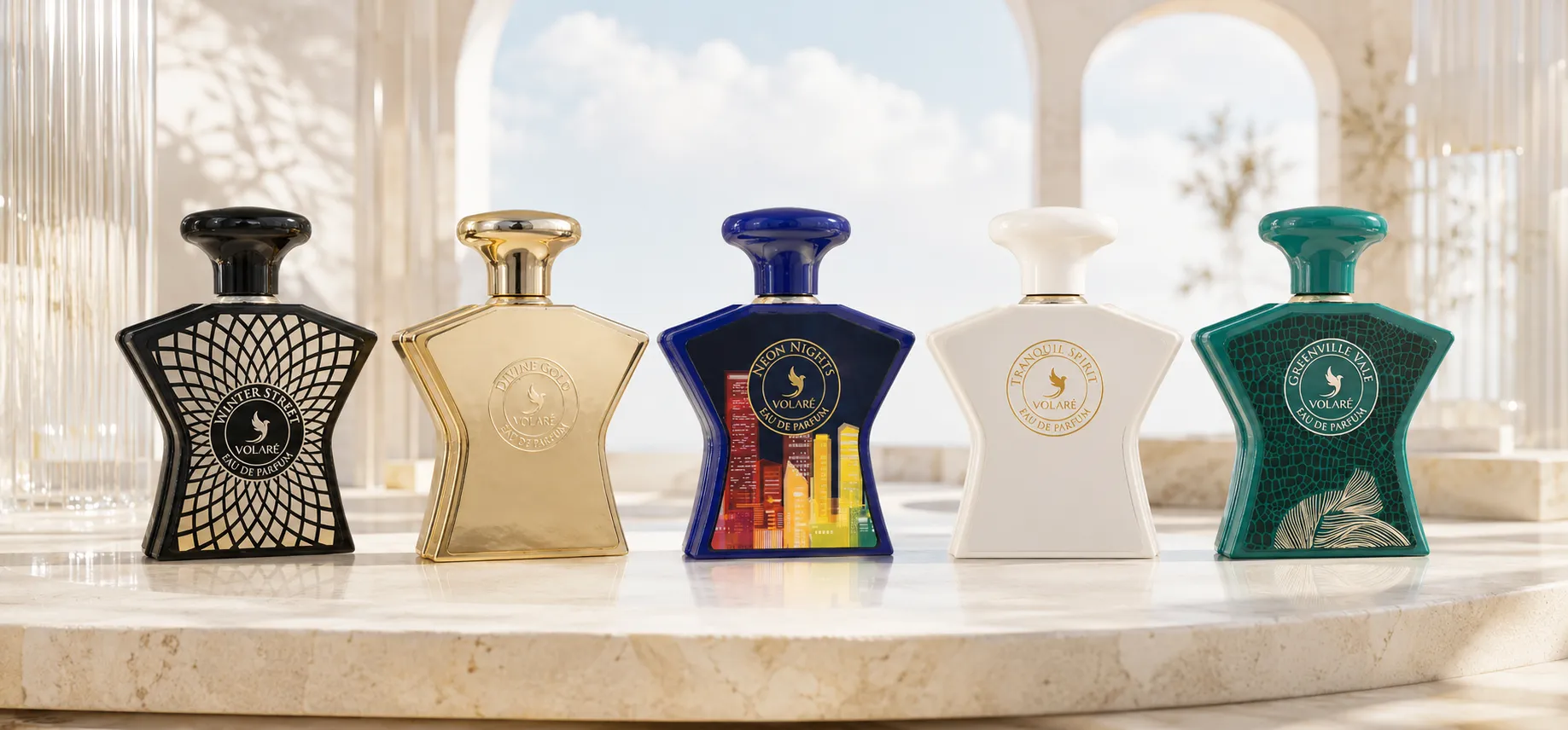Row of five Volaré Eau de Parfum bottles in black, gold, blue, white and green designs displayed on a marble counter