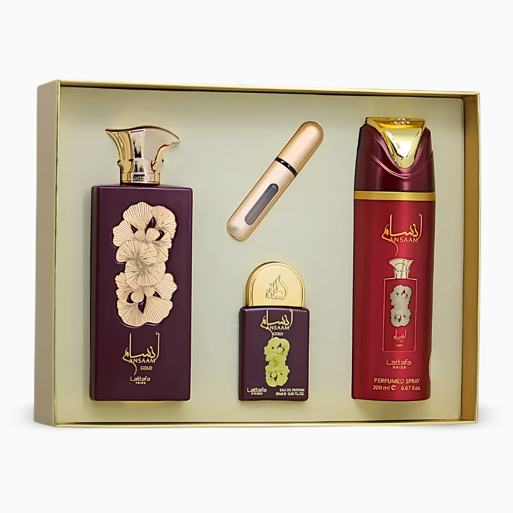 Lattafa Pride Ansaam Gold Gift Set – 100ml EDP & 200ml Spray - Image 3